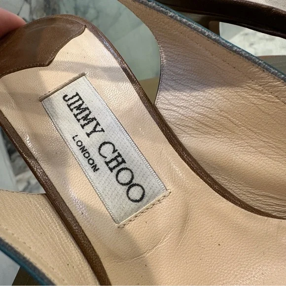 Jimmy Choo | 8 | Slingback Pumps Brown Teal Cutout Leather Pointed Toe 3” Heel - Picture 6 of 16